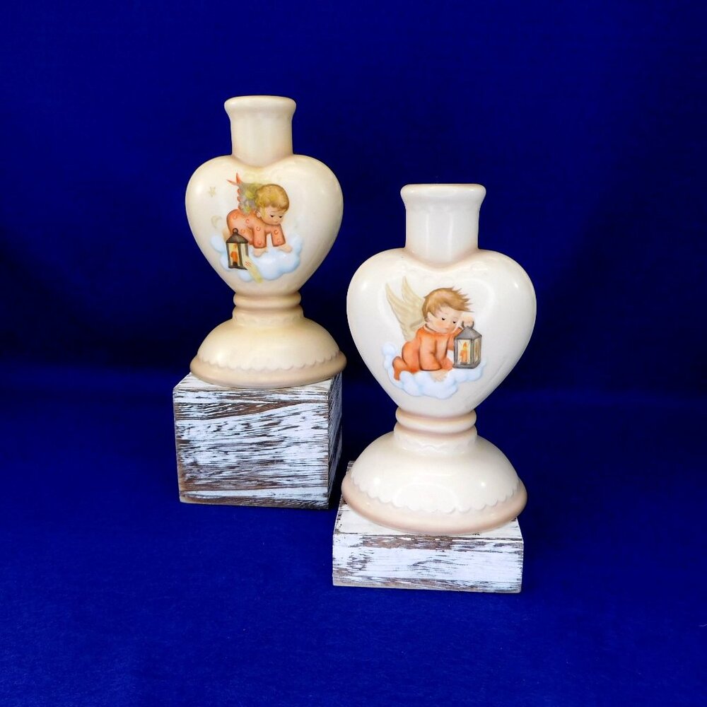 2 Hummel Goebel Angel Heart Shaped Ceramic Candle Holders / Candlesticks Vintage